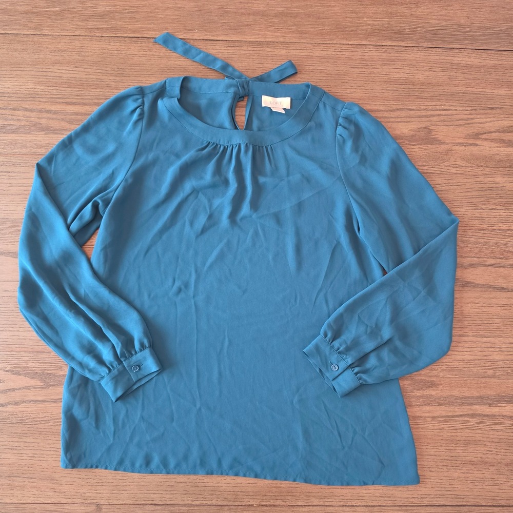 LOFT Teal Blue Tie Back Long Sleeve Blouse Keyhole Neck Top Small